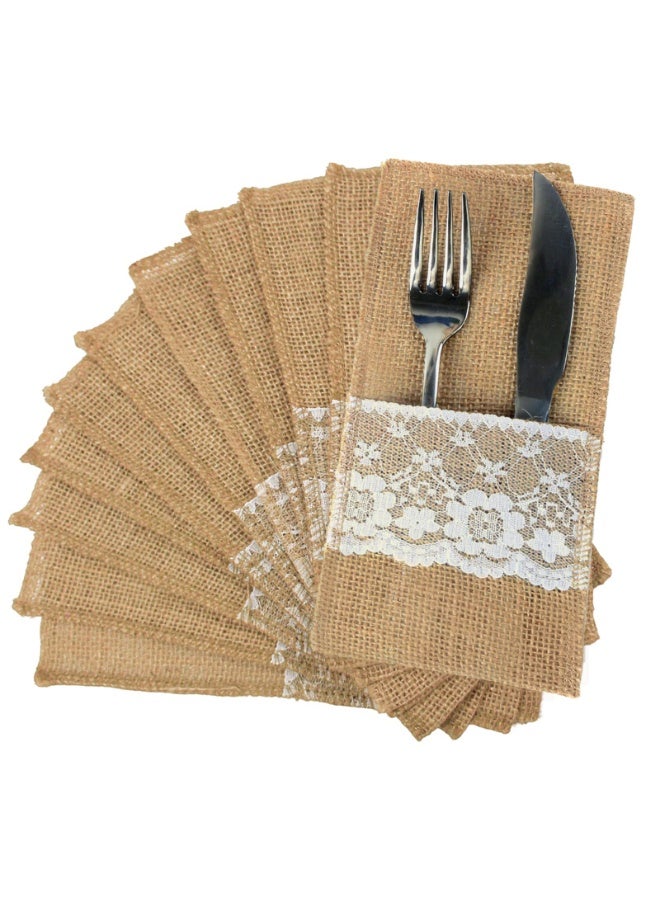 Lace-Trimmed Cutlery Napkin Festive Party Decoration Natural Jute Cutlery Bag - 5 Pcs - Image 4